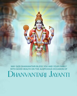 Image of Lord Dhanvantari with a blessing message for Dhanvantari Jayanti