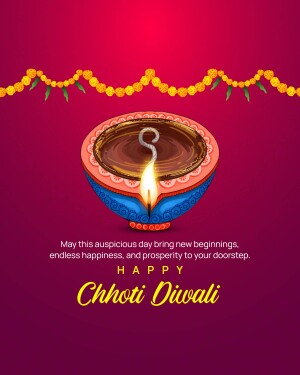 Diya lamp with marigold flowers and Chhoti Diwali greeting