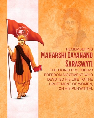 Image of Maharshi Dayanand Saraswati with a flag and text commemorating his Punyatithi.