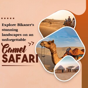 Image of a camel safari in the desert landscape of Bikaner, Rajasthan