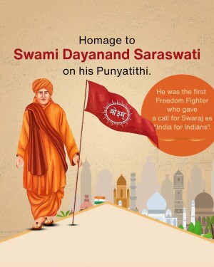 Illustration of Swami Dayanand Saraswati with Indian flag and cityscape