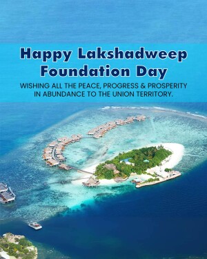 Aerial view of a tropical island with overwater bungalows, celebrating Lakshadweep Foundation Day.