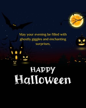 Halloween greeting with a haunted house, bats, and a full moon.