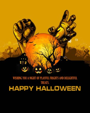 Halloween illustration with zombie hands reaching out of the ground, pumpkins, a haunted house, and a full moon.