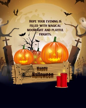 Halloween scene with pumpkins, a full moon, and spooky decorations.
