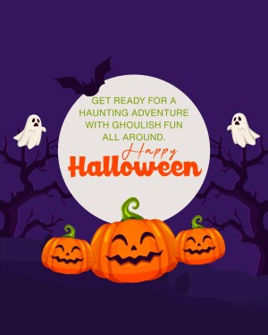 Halloween illustration with pumpkins, ghosts, bats, and spooky trees.