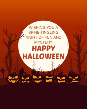 Halloween greeting with pumpkins and a spooky graveyard scene
