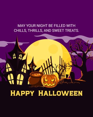 Halloween illustration with a haunted house, pumpkin, and full moon