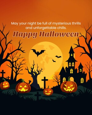Halloween illustration with pumpkins, a haunted castle, bats, and a full moon.