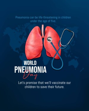 Illustration of lungs with a stethoscope and text promoting World Pneumonia Day and vaccination.