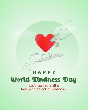 Illustration of hands exchanging a red heart with text 'Happy World Kindness Day'