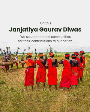 Image commemorating Janjatiya Gaurav Diwas with tribal community members in traditional attire.