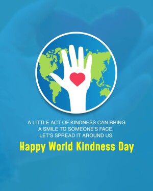 World Kindness Day graphic with a hand holding a heart over a world map.