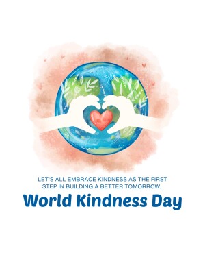 Watercolor illustration of hands cradling the Earth with a red heart, promoting World Kindness Day.