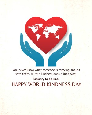 Red heart with a world map inside, held by two blue hands, with text promoting kindness.