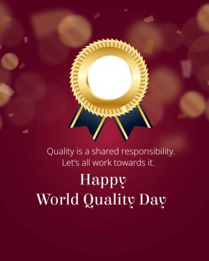 Gold award ribbon with text 'Happy World Quality Day' on a red background.