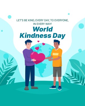 Illustration of two diverse men exchanging a heart-shaped globe, promoting World Kindness Day.
