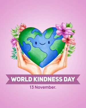 Hands holding a heart-shaped Earth with flowers, celebrating World Kindness Day
