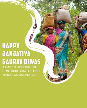 Women carrying loads on their heads with text 'Happy Janjatiya Gaurav Diwas'