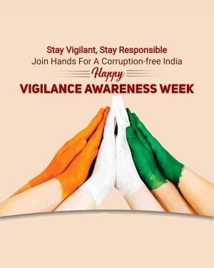 Hands painted in the colors of the Indian flag joining together with text promoting vigilance and responsibility.