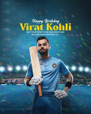 Virat Kohli birthday graphic with cricket stadium background