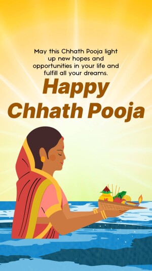 Chhath Pooja greeting with a woman offering prayers to the sun god.
