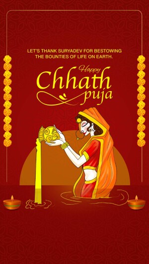 Chhath Puja illustration with a woman offering Arghya to the Sun God