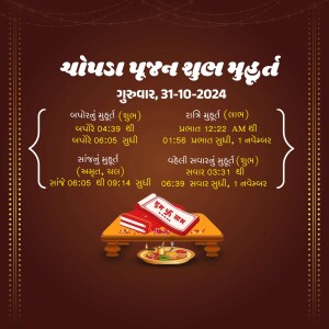 Invitation card for a Gujarati wedding ceremony with auspicious timings.