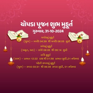Image depicting auspicious timings for Yopda Pujan with traditional elements.