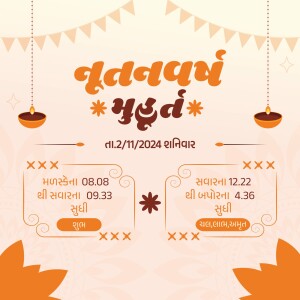 Nutan Varsh greeting card with Gujarati text and festive decorations