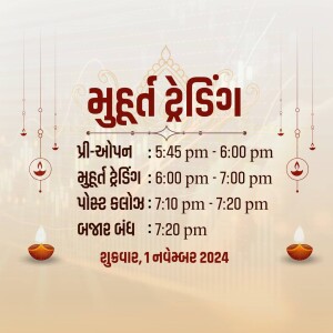 Gujarati text invitation for Muhurat Trading event with diya lamps