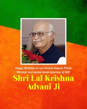 Portrait of Lal Krishna Advani with Indian flag background and birthday message