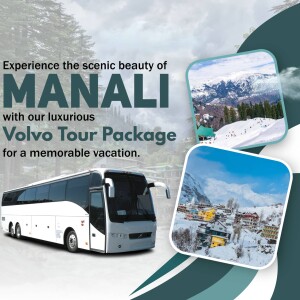 Image of a Volvo bus with scenic Manali landscapes promoting a tour package.