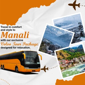 Promotional image for a Manali tour package featuring a bus and scenic landscapes.