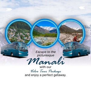 Promotional image for a Manali tour package with Volvo buses and scenic views.