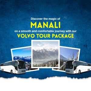 Advertisement for a Volvo tour package to Manali, featuring snowy mountains and a Volvo bus.