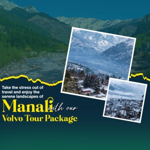 Promotional image for a Manali tour package featuring mountain landscapes.