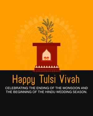 Illustration of Tulsi plant in a pot with a traditional shrine, celebrating Tulsi Vivah