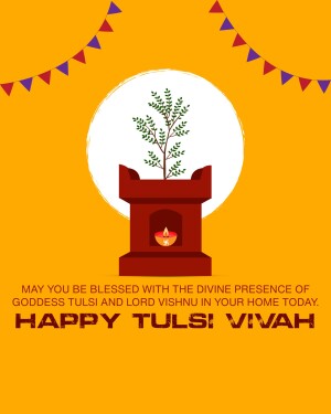 Illustration of a Tulsi plant in a pot with a diya, decorated with bunting, and text wishing a Happy Tulsi Vivah.