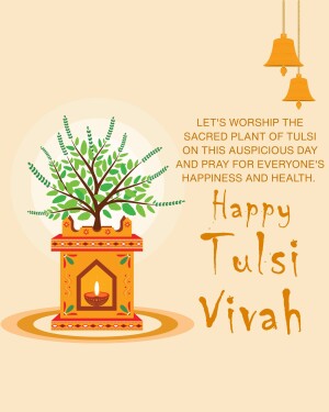 Illustration of a Tulsi plant in a decorated pot with a lit diya and bells, with text wishing 'Happy Tulsi Vivah'