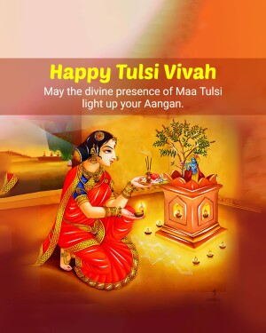 Illustration of a woman performing a puja for Tulsi Vivah