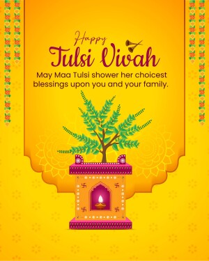 Happy Tulsi Vivah festive greeting with Tulsi plant and traditional decorations