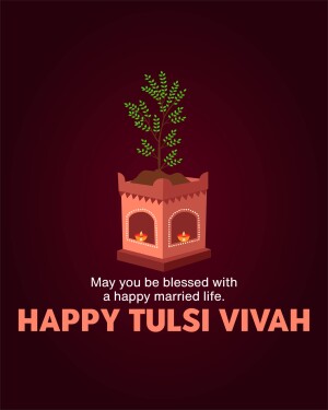Illustration of a Tulsi plant in a decorated pot with Diwali lamps, with text 'Happy Tulsi Vivah'