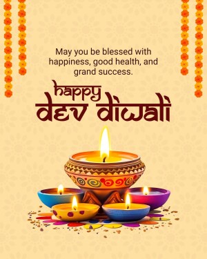 Dev Diwali greeting with lit lamps and floral decorations