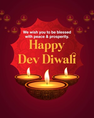Dev Diwali greeting with lit diyas and festive decorations