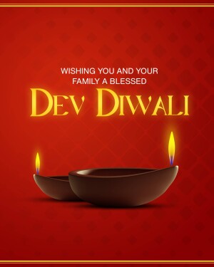 Dev Diwali greeting with lit lamps and festive red background