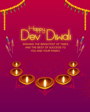 Dev Diwali greeting with lamps and fireworks