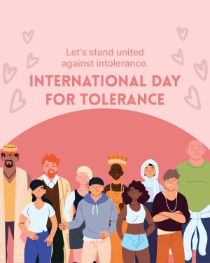 Illustration depicting a diverse group of people standing together with hearts floating above, promoting tolerance.