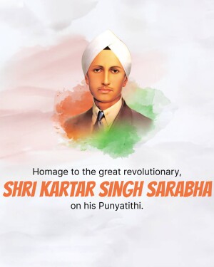 Portrait of Shaheed Kartar Singh Sarabha with Indian flag colors in the background