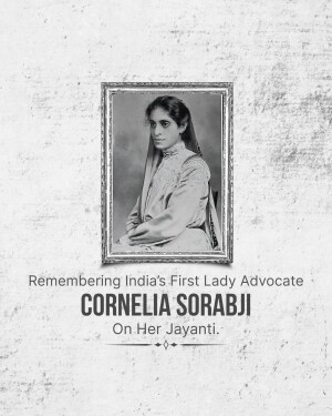 Black and white portrait of Cornelia Sorabji with text commemorating her Jayanti.